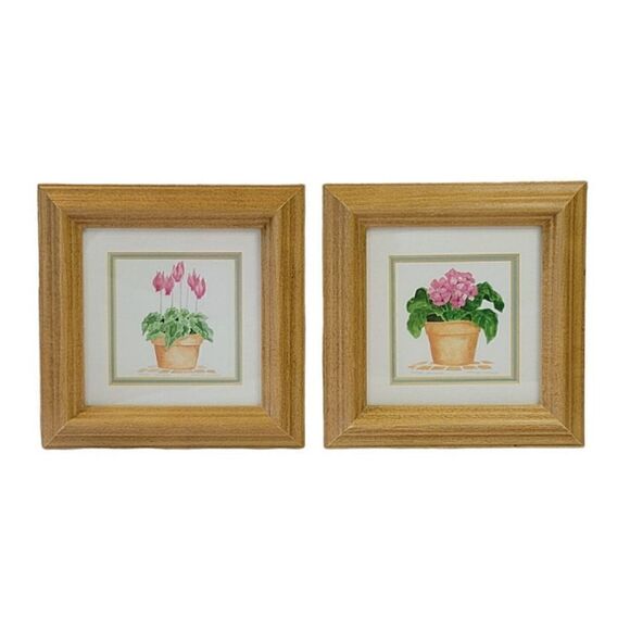 Vintage Carolyn Oltman Floral Framed Art "Potted Primrose" & "Potted Cyclamen" - Picture 1 of 7
